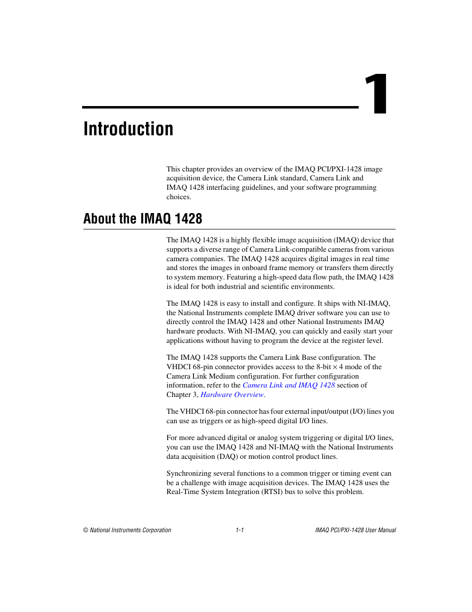 Chapter 1 introduction, About the imaq 1428, About the imaq 1428 -1 | Introduction | National Instruments PXI-1428 User Manual | Page 8 / 46