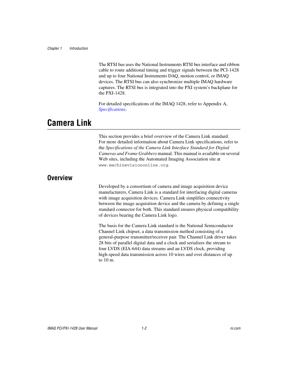 Camera link, Overview, Camera link -2 | Overview -2 | National Instruments PXI-1428 User Manual | Page 9 / 46