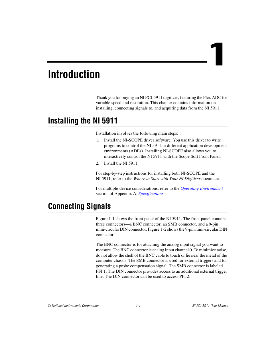 Chapter 1 introduction, Installing the ni 5911, Connecting signals | Installing the ni 5911 -1 connecting signals -1, Introduction | National Instruments NI PCI-5911 User Manual | Page 11 / 51