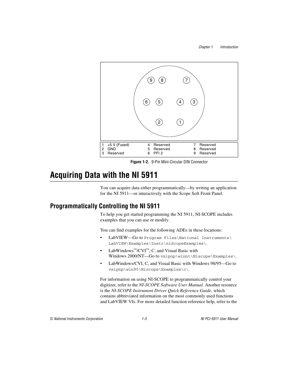 Figure 1-2. 9-pin mini-circular din connector, Acquiring data with the ni 5911, Programmatically controlling the ni 5911 | Acquiring data with the ni 5911 -3, Programmatically controlling the ni 5911 -3, 2 shows th | National Instruments NI PCI-5911 User Manual | Page 13 / 51