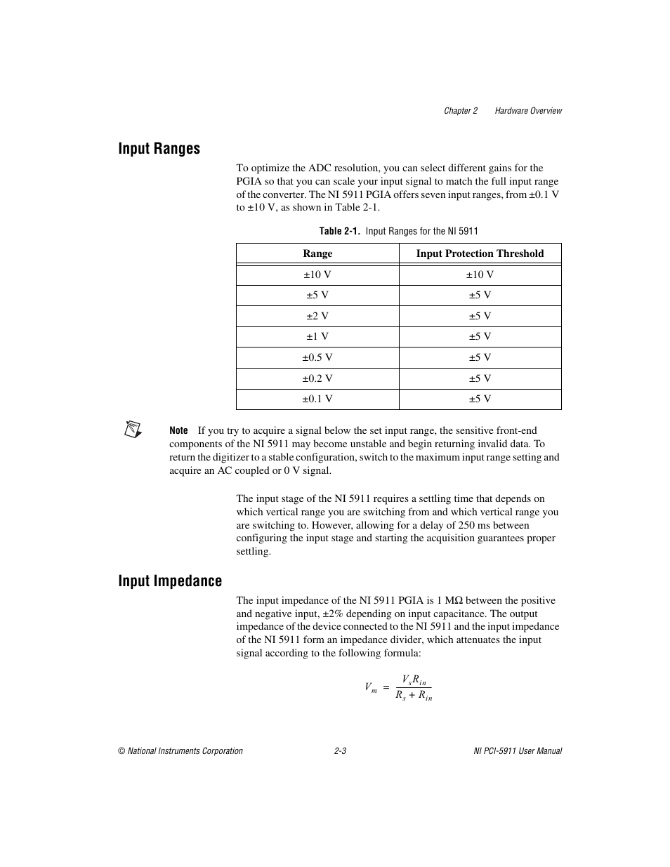 Input ranges, Table 2-1. input ranges for the ni 5911, Input impedance | Input ranges -3 input impedance -3 | National Instruments NI PCI-5911 User Manual | Page 17 / 51