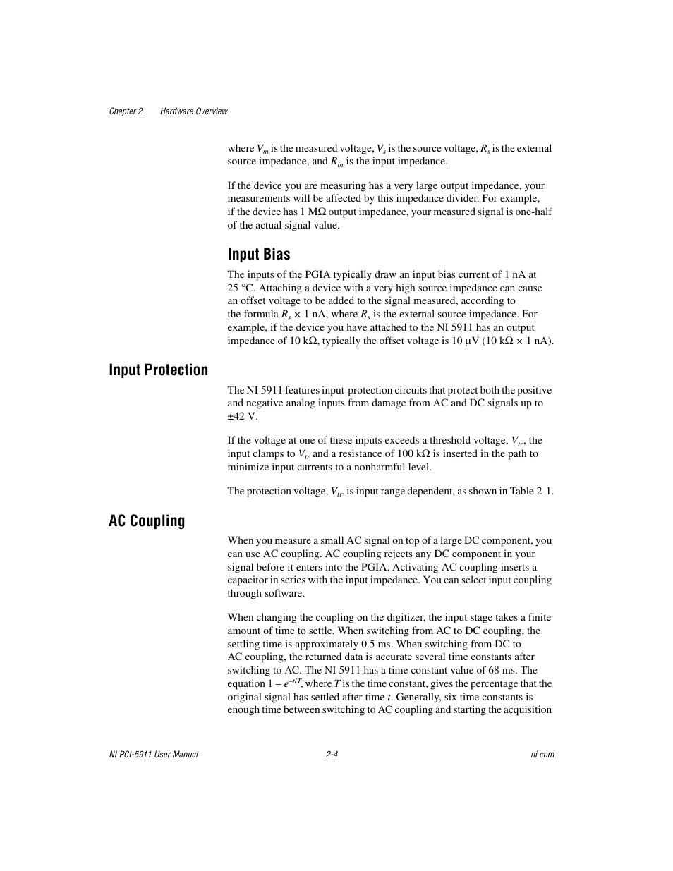 Input bias, Input protection, Ac coupling | Input bias -4, Input protection -4 ac coupling -4 | National Instruments NI PCI-5911 User Manual | Page 18 / 51