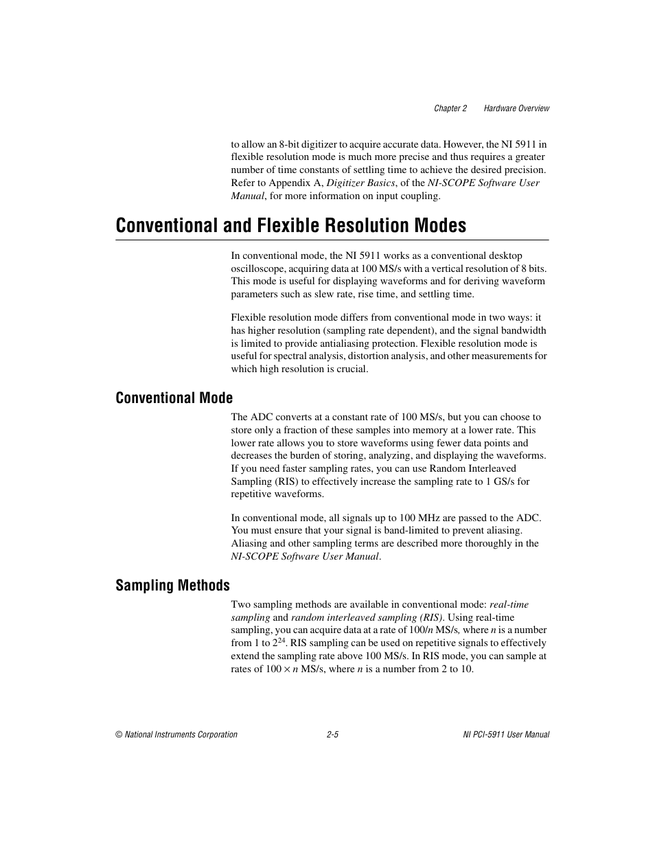 Conventional and flexible resolution modes, Conventional mode, Sampling methods | Conventional and flexible resolution modes -5, Conventional mode -5 sampling methods -5 | National Instruments NI PCI-5911 User Manual | Page 19 / 51