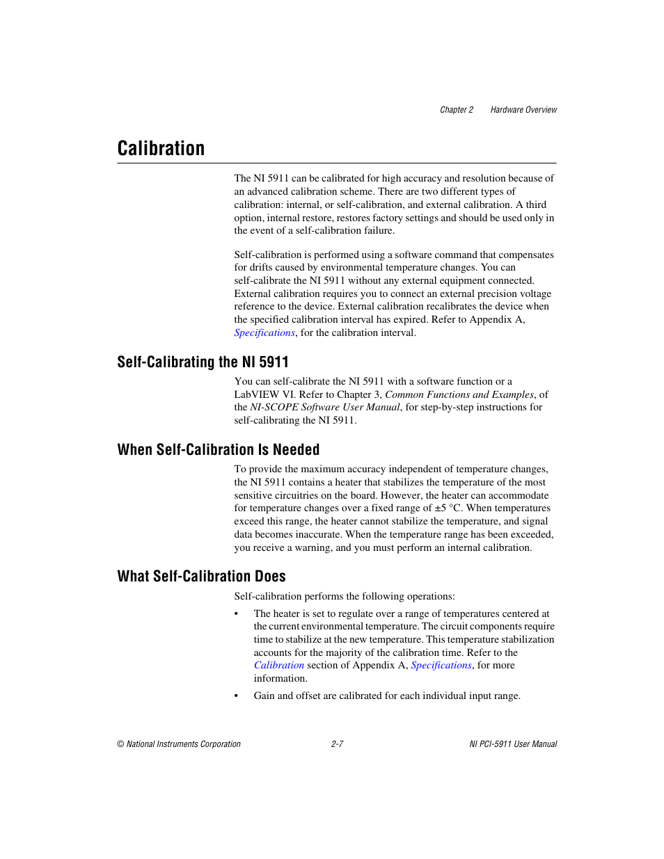 Calibration, Self-calibrating the ni 5911, When self-calibration is needed | What self-calibration does, Calibration -7 | National Instruments NI PCI-5911 User Manual | Page 21 / 51