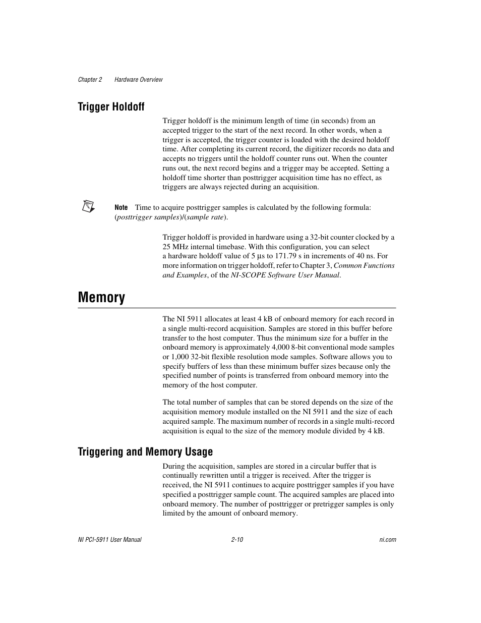 Trigger holdoff, Memory, Triggering and memory usage | Trigger holdoff -10, Memory -10, Triggering and memory usage -10 | National Instruments NI PCI-5911 User Manual | Page 24 / 51