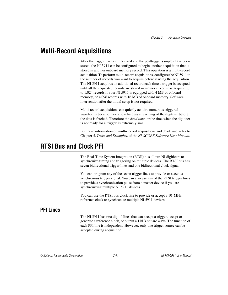 Multi-record acquisitions, Rtsi bus and clock pfi, Pfi lines | Pfi lines -11 | National Instruments NI PCI-5911 User Manual | Page 25 / 51