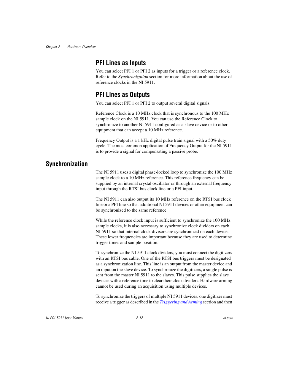 Pfi lines as inputs, Pfi lines as outputs, Synchronization | Pfi lines as inputs -12 pfi lines as outputs -12, Synchronization -12 | National Instruments NI PCI-5911 User Manual | Page 26 / 51
