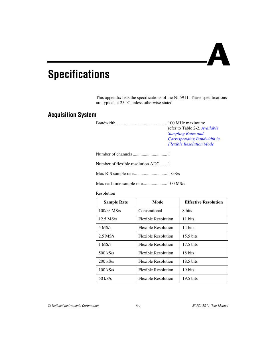 Appendix a specifications, Specifications, Ix a | Acquisition system | National Instruments NI PCI-5911 User Manual | Page 28 / 51