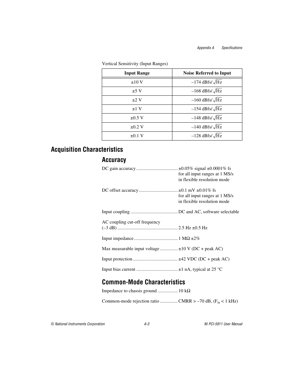 Acquisition characteristics accuracy, Common-mode characteristics | National Instruments NI PCI-5911 User Manual | Page 30 / 51
