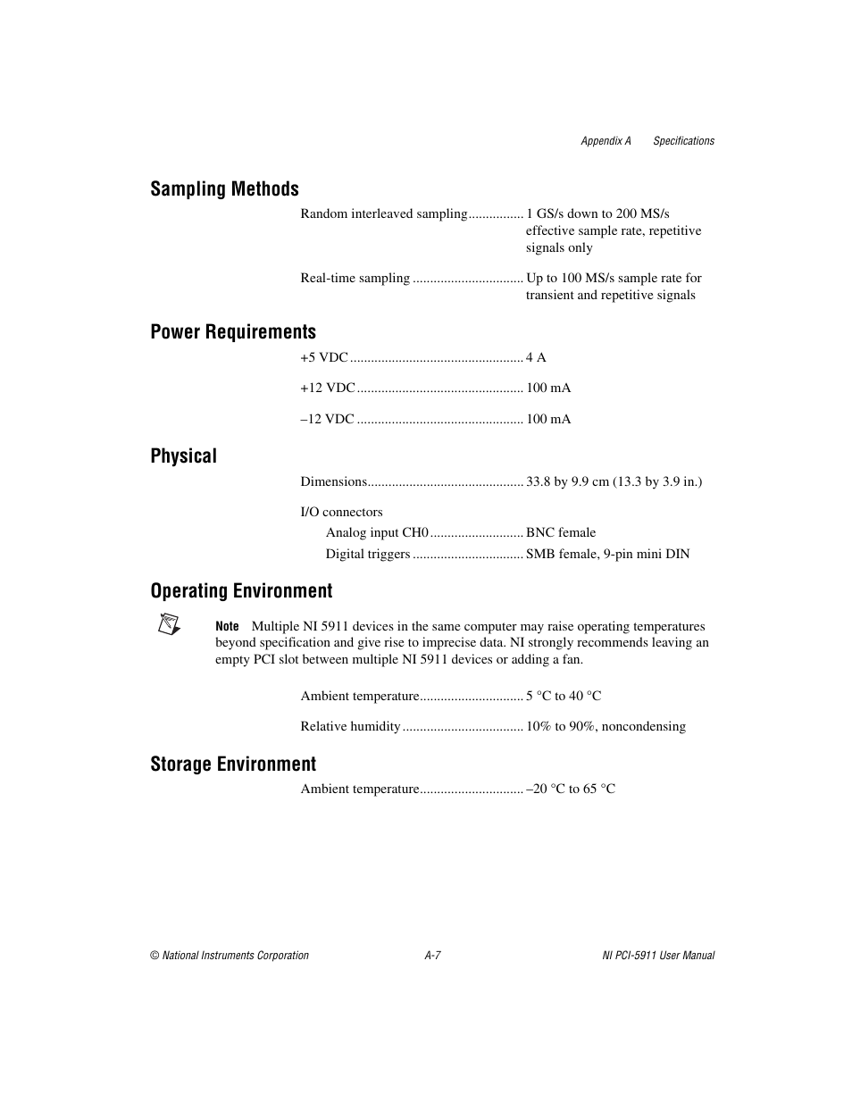 Operating environment, Sampling methods, Power requirements | Physical, Storage environment | National Instruments NI PCI-5911 User Manual | Page 34 / 51