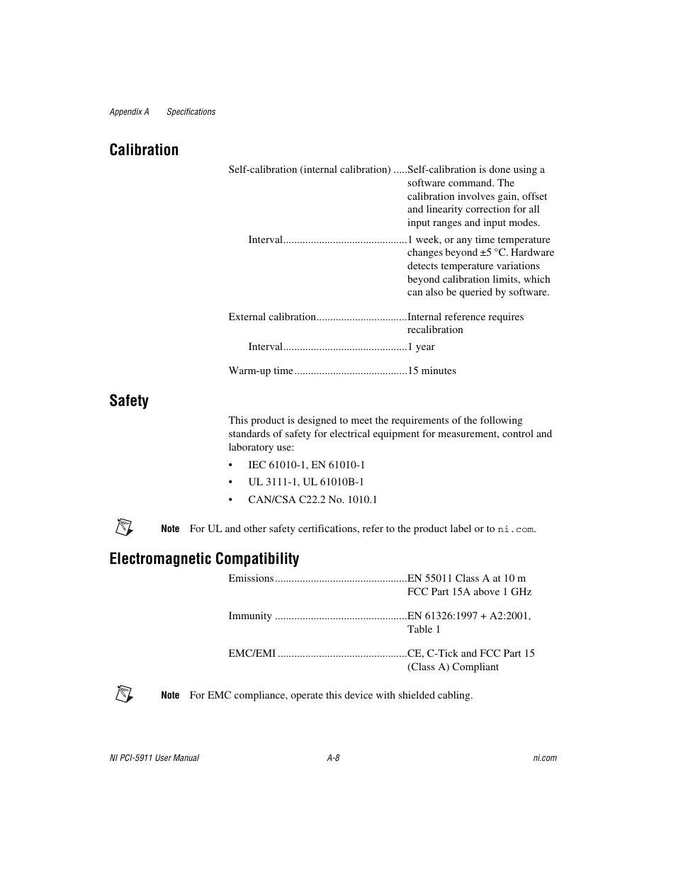 Calibration, Sectio, Safety | Electromagnetic compatibility | National Instruments NI PCI-5911 User Manual | Page 35 / 51