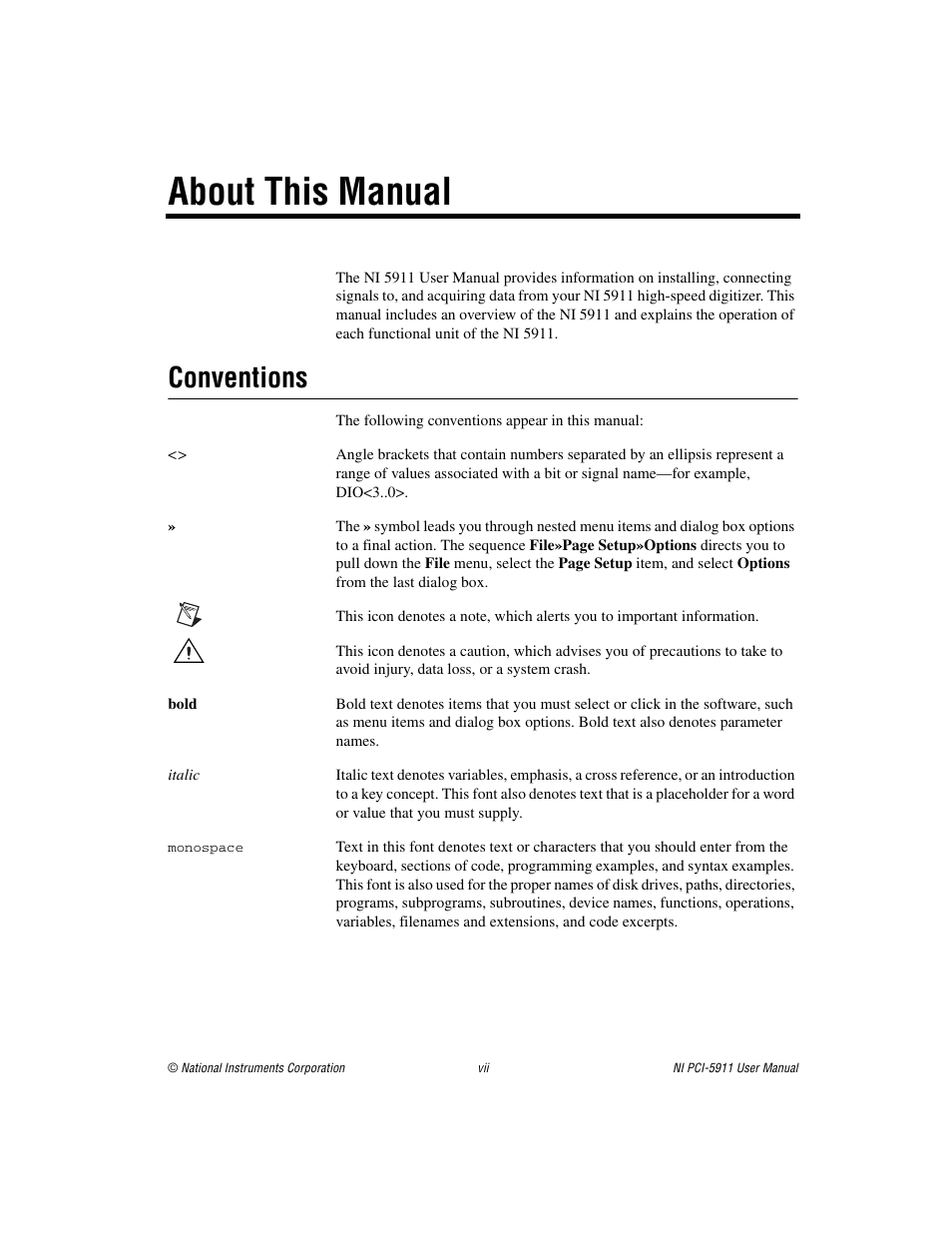 About this manual, Conventions | National Instruments NI PCI-5911 User Manual | Page 7 / 51