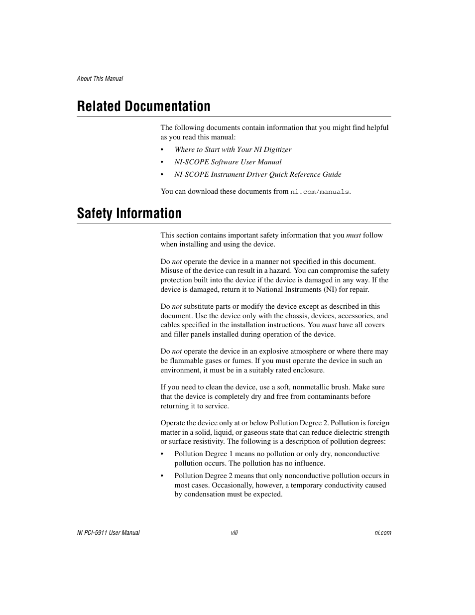 Related documentation, Safety information | National Instruments NI PCI-5911 User Manual | Page 8 / 51