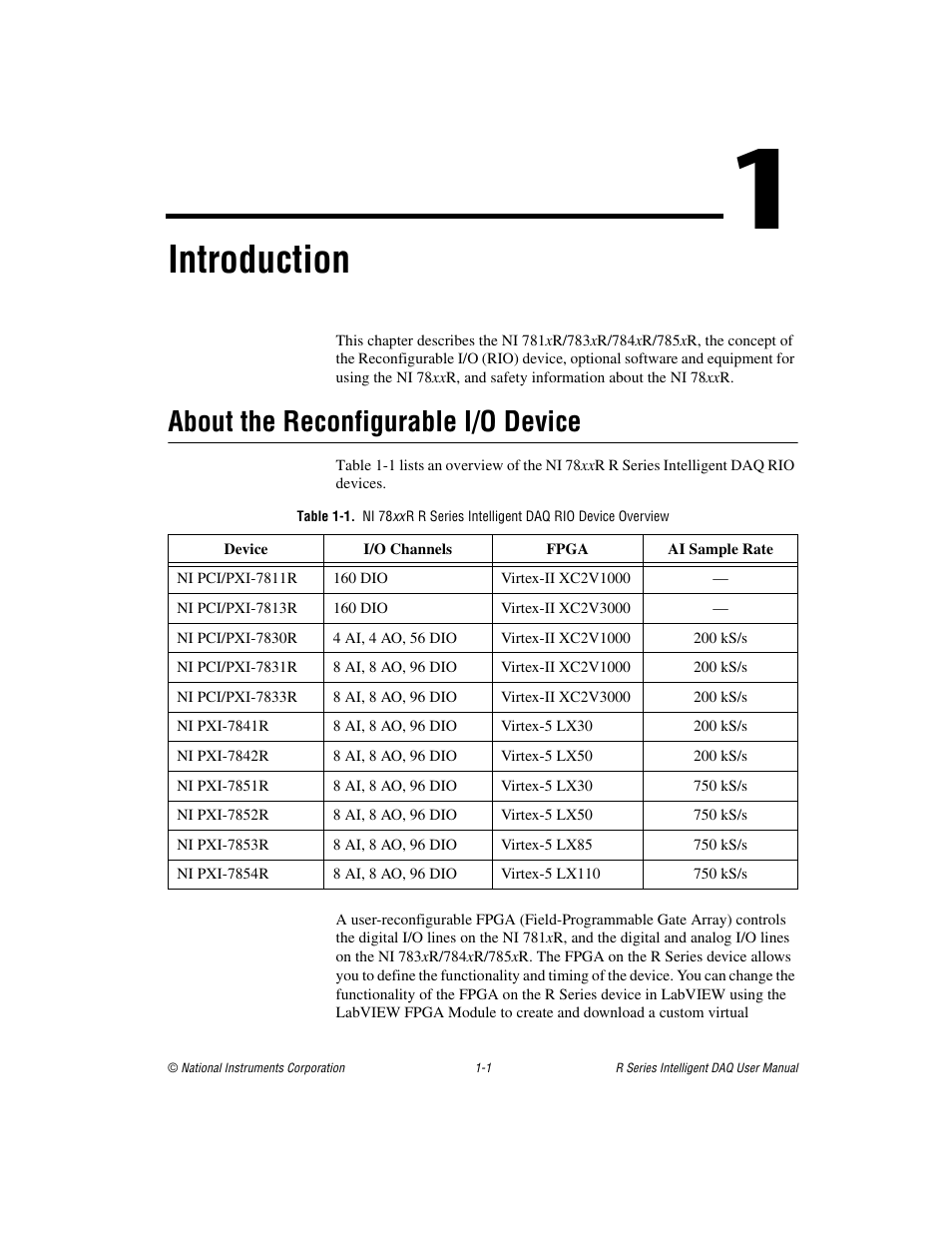 Chapter 1 introduction, About the reconfigurable i/o device, About the reconfigurable i/o device -1 | Introduction | National Instruments NI 785xR User Manual | Page 11 / 74