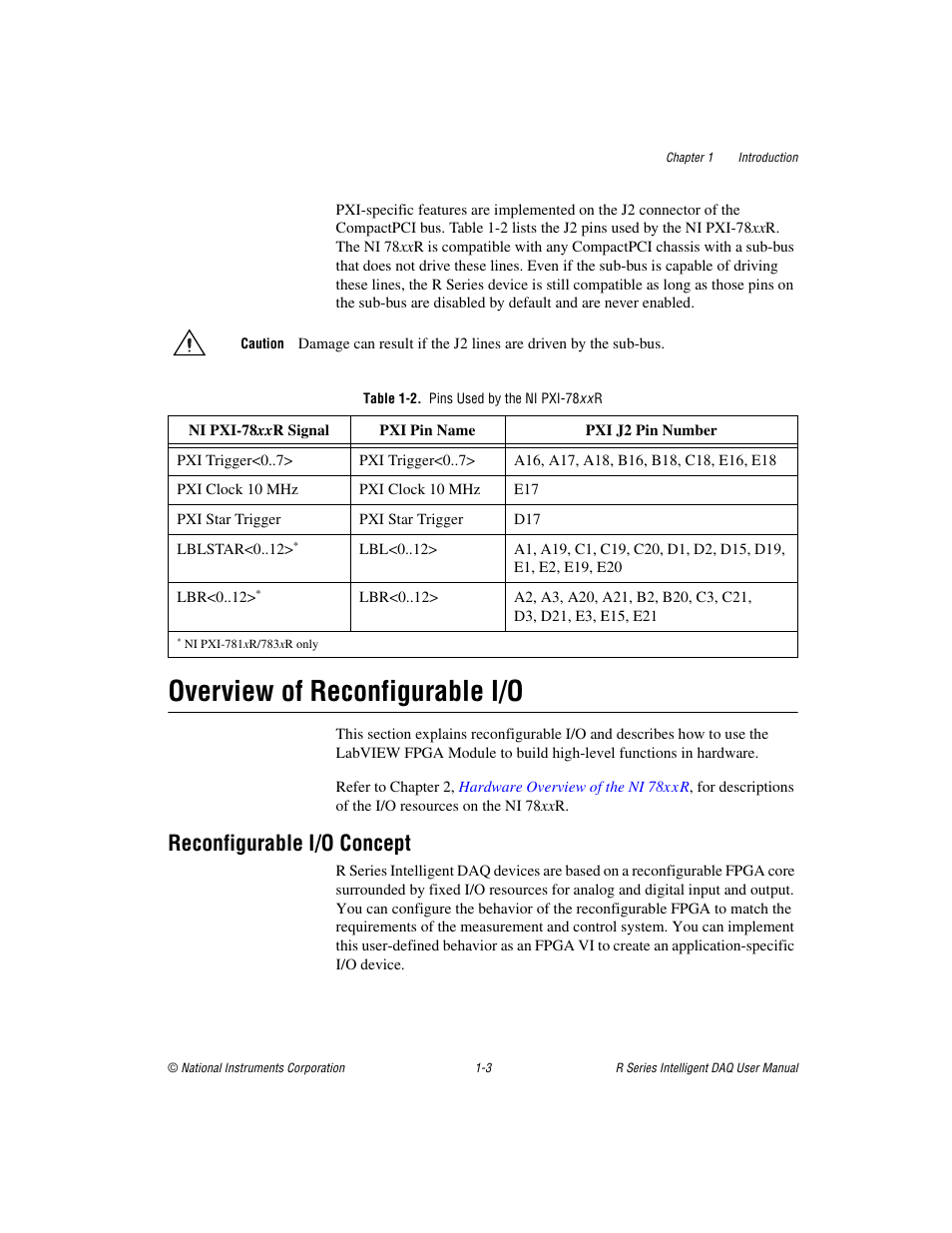 Table 1-2. pins used by the ni pxi-78x x r, Overview of reconfigurable i/o, Reconfigurable i/o concept | Overview of reconfigurable i/o -3, Reconfigurable i/o concept -3 | National Instruments NI 785xR User Manual | Page 13 / 74
