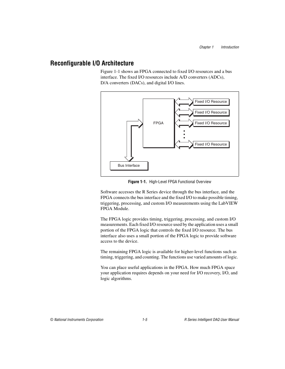 Reconfigurable i/o architecture, Figure 1-1. high-level fpga functional overview, Reconfigurable i/o architecture -5 | National Instruments NI 785xR User Manual | Page 15 / 74