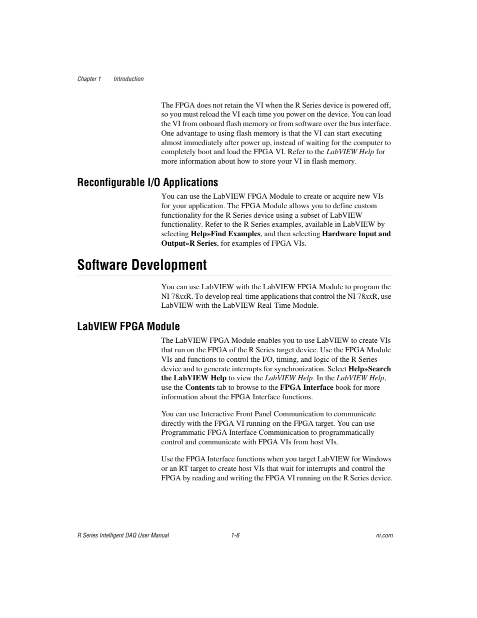 Reconfigurable i/o applications, Software development, Labview fpga module | Reconfigurable i/o applications -6, Software development -6, Labview fpga module -6 | National Instruments NI 785xR User Manual | Page 16 / 74