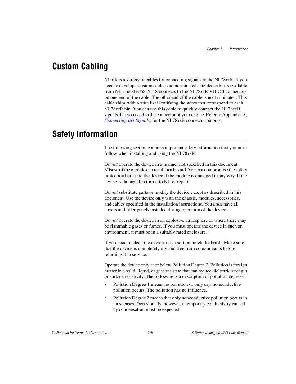 Custom cabling, Safety information, Custom cabling -9 safety information -9 | Sectio | National Instruments NI 785xR User Manual | Page 19 / 74