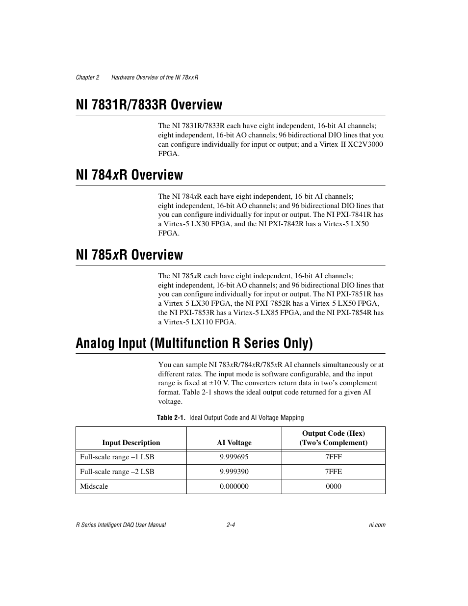 Ni 7831r/7833r overview, Ni 784x r overview, Ni 785x r overview | Analog input (multifunction r series only), Ni 784 x r overview, Ni 785 x r overview | National Instruments NI 785xR User Manual | Page 25 / 74