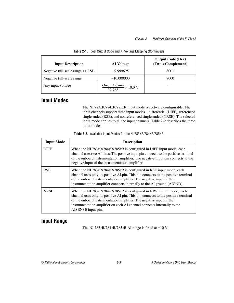 Input modes, Input range, Input modes -5 input range -5 | National Instruments NI 785xR User Manual | Page 26 / 74