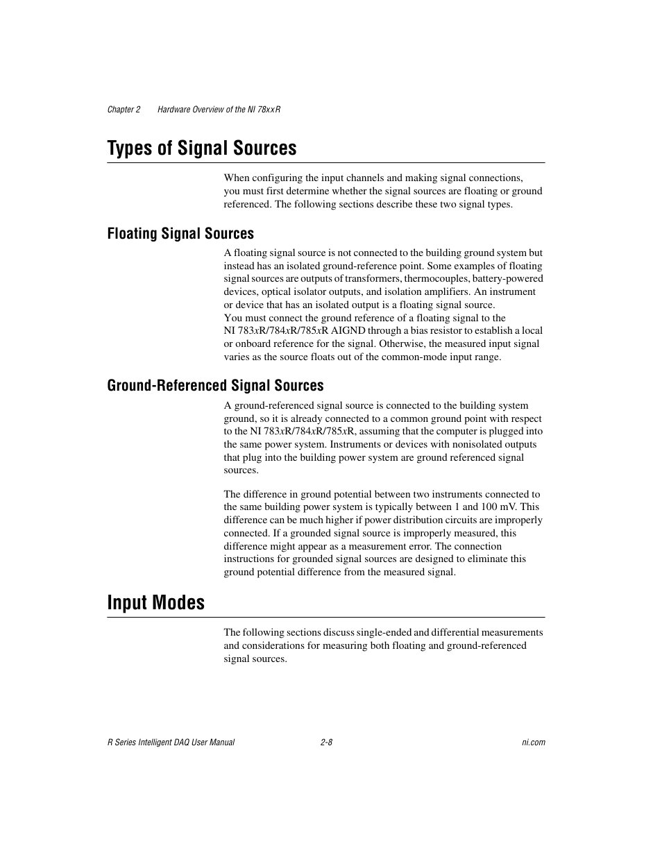 Types of signal sources, Floating signal sources, Ground-referenced signal sources | Input modes, Types of signal sources -8, Input modes -8 | National Instruments NI 785xR User Manual | Page 29 / 74