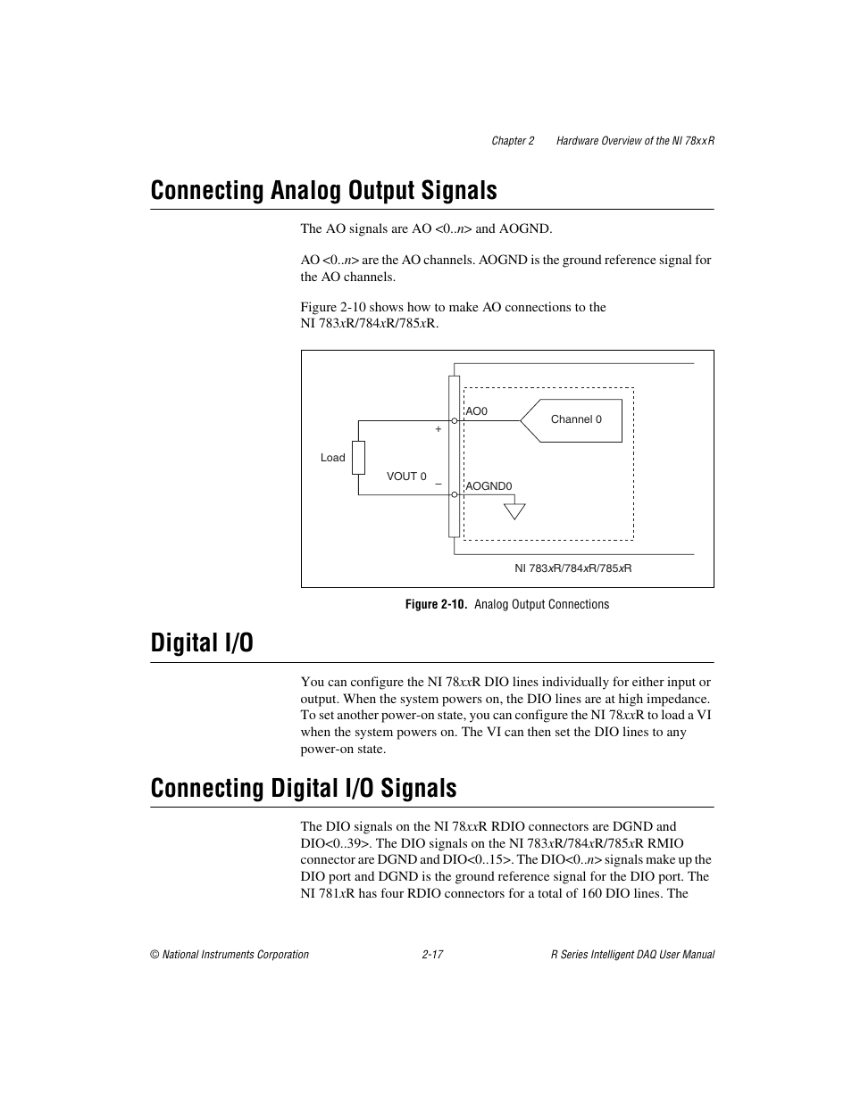 Connecting analog output signals, Figure 2-10. analog output connections, Digital i/o | Connecting digital i/o signals | National Instruments NI 785xR User Manual | Page 38 / 74