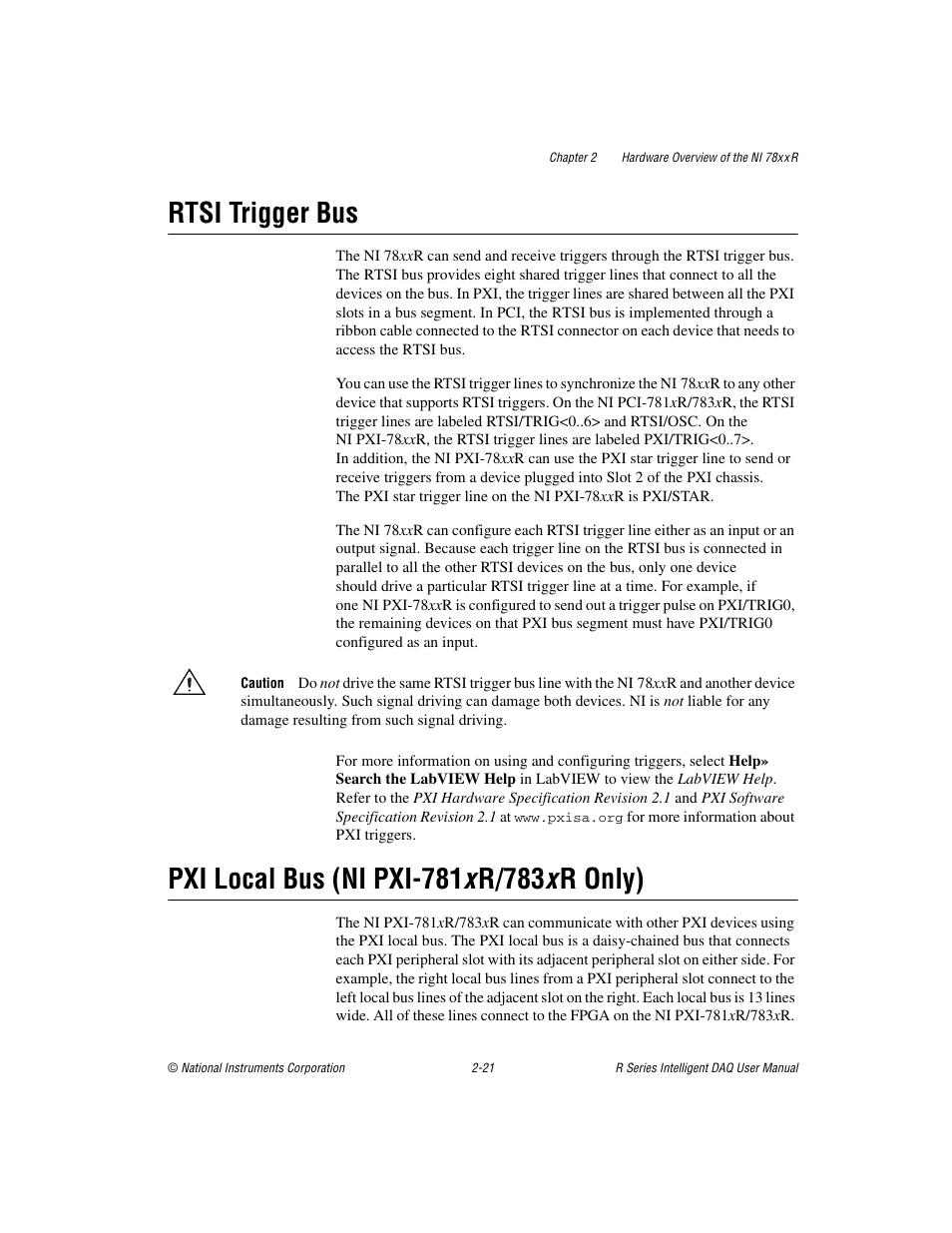 Rtsi trigger bus, Pxi local bus (ni pxi-781x r/783x r only) | National Instruments NI 785xR User Manual | Page 42 / 74