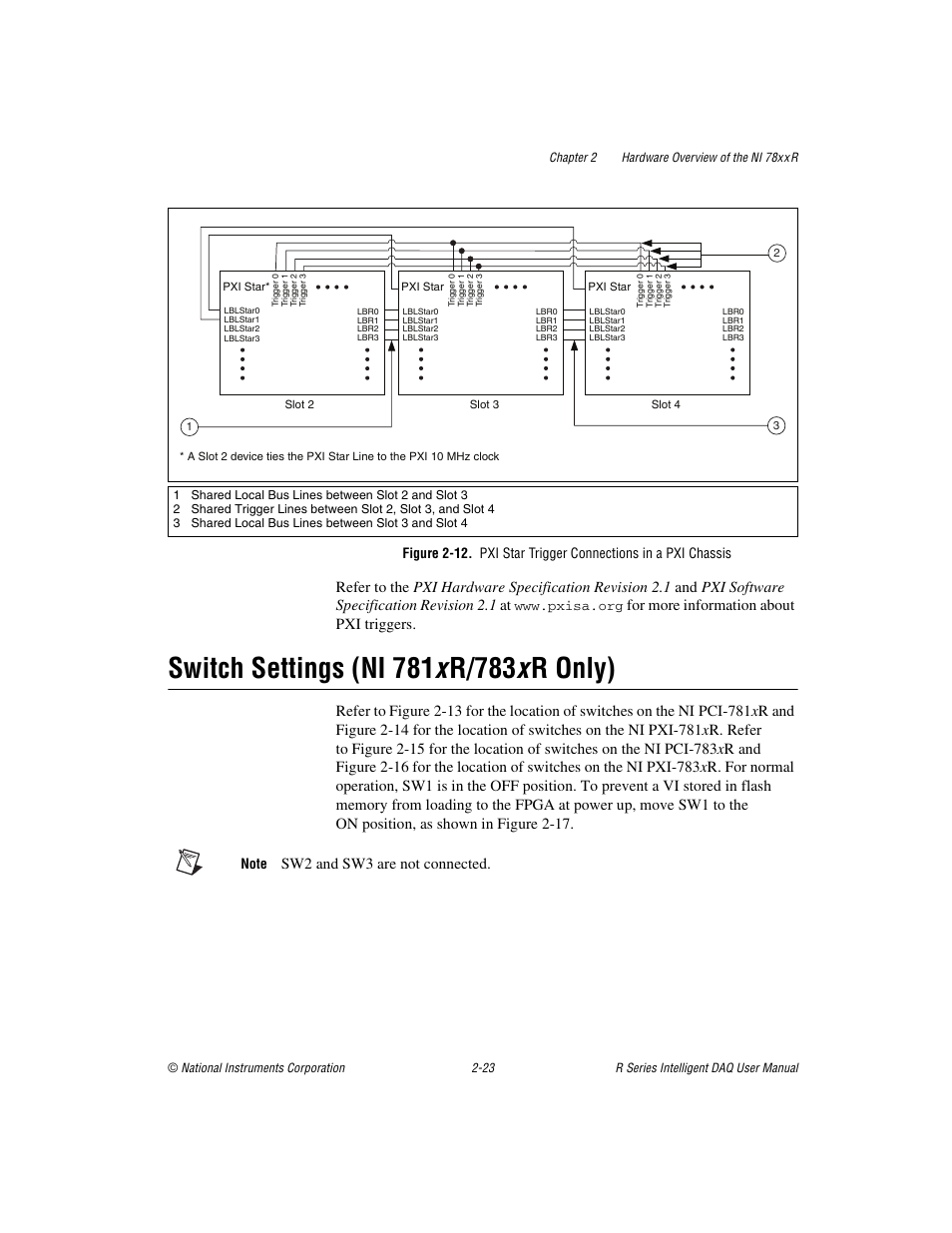 Switch settings (ni 781x r/783x r only), Switch settings (ni 781 x r/783 x r only) -23, For more information about pxi triggers | Sw2 and sw3 are not connected | National Instruments NI 785xR User Manual | Page 44 / 74