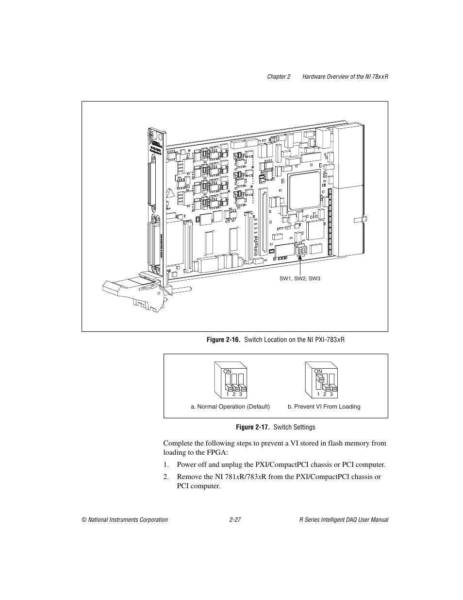 Figure 2-16. switch location on the ni pxi-783x r, Figure 2-17. switch settings, Gure 2-16 fo | Re 2-17 | National Instruments NI 785xR User Manual | Page 48 / 74