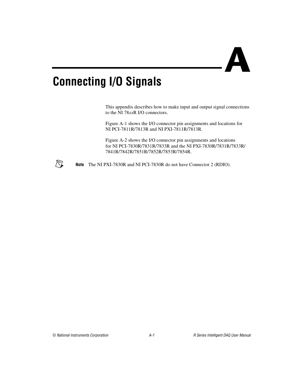 Appendix a connecting i/o signals, Connecting i/o signals | National Instruments NI 785xR User Manual | Page 56 / 74
