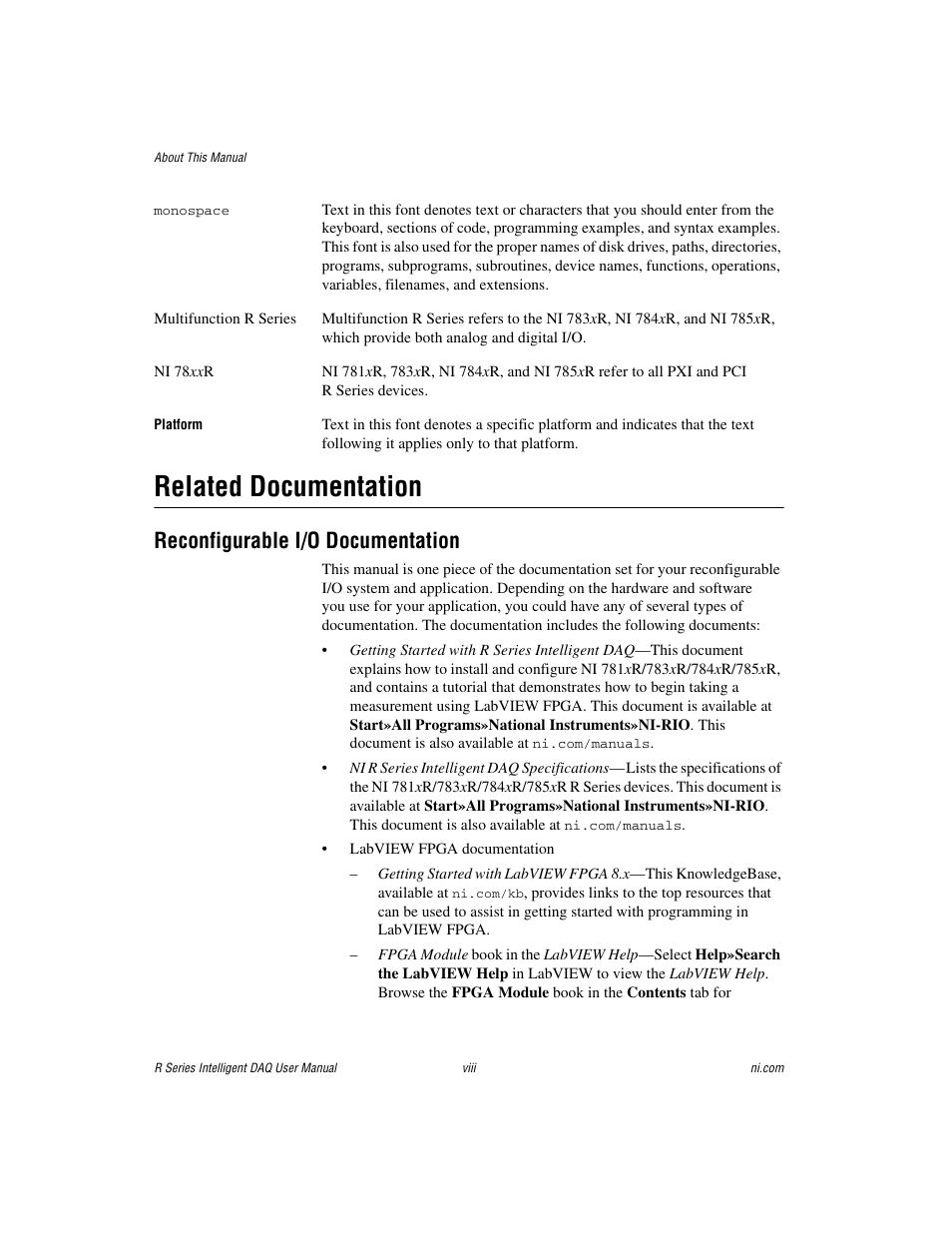 Related documentation, Reconfigurable i/o documentation | National Instruments NI 785xR User Manual | Page 8 / 74