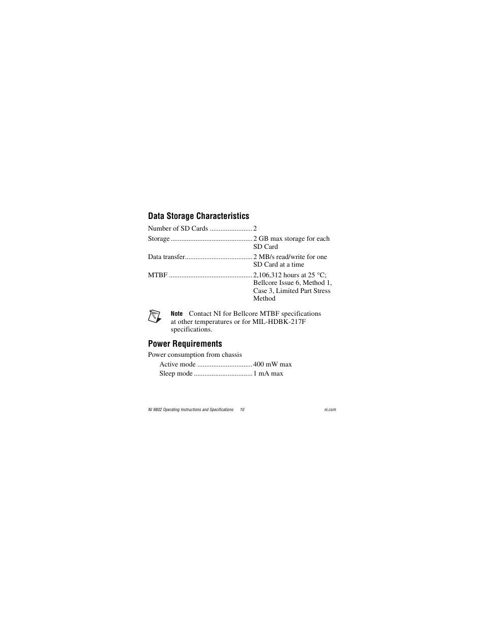 Data storage characteristics, Power requirements | National Instruments 2 SD Card Memory Module NI 9802 User Manual | Page 10 / 16