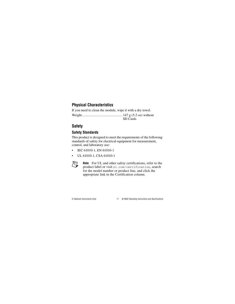 Physical characteristics, Safety, Safety standards | National Instruments 2 SD Card Memory Module NI 9802 User Manual | Page 11 / 16