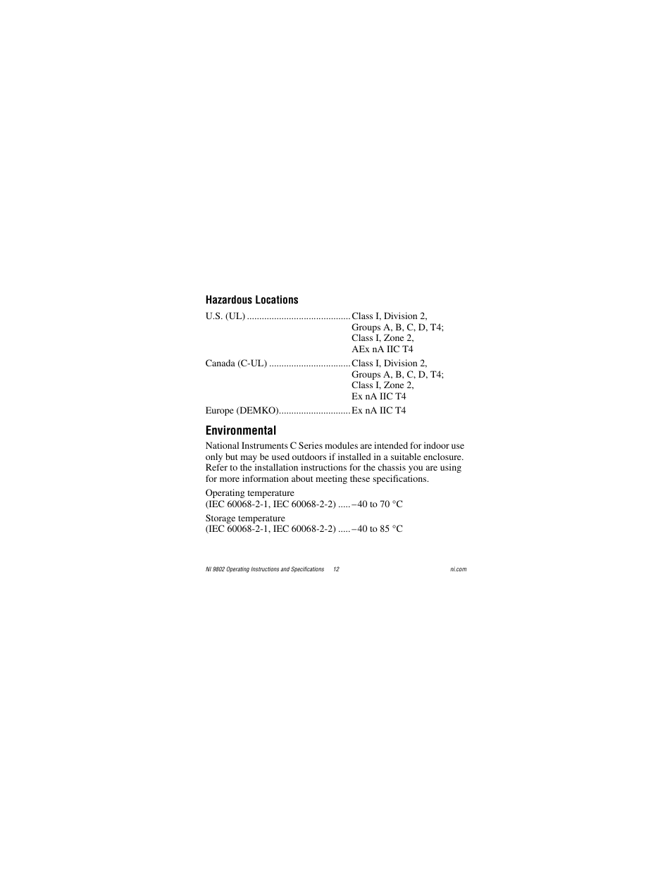 Hazardous locations, Environmental | National Instruments 2 SD Card Memory Module NI 9802 User Manual | Page 12 / 16