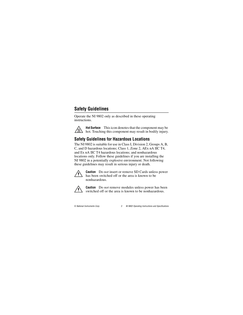 Safety guidelines, Safety guidelines for hazardous locations | National Instruments 2 SD Card Memory Module NI 9802 User Manual | Page 3 / 16