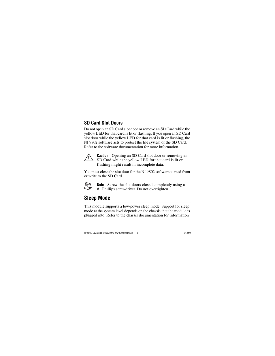 Sd card slot doors, Sleep mode | National Instruments 2 SD Card Memory Module NI 9802 User Manual | Page 8 / 16