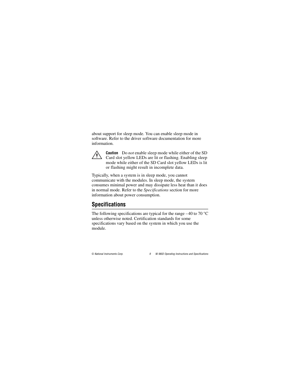 Specifications | National Instruments 2 SD Card Memory Module NI 9802 User Manual | Page 9 / 16