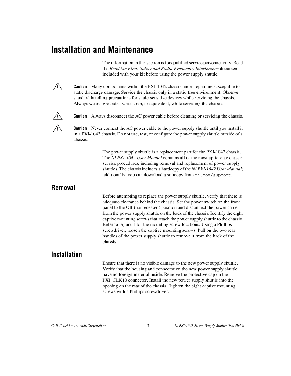 Installation and maintenance, Removal, Installation | National Instruments NI PXI-1042 User Manual | Page 3 / 6