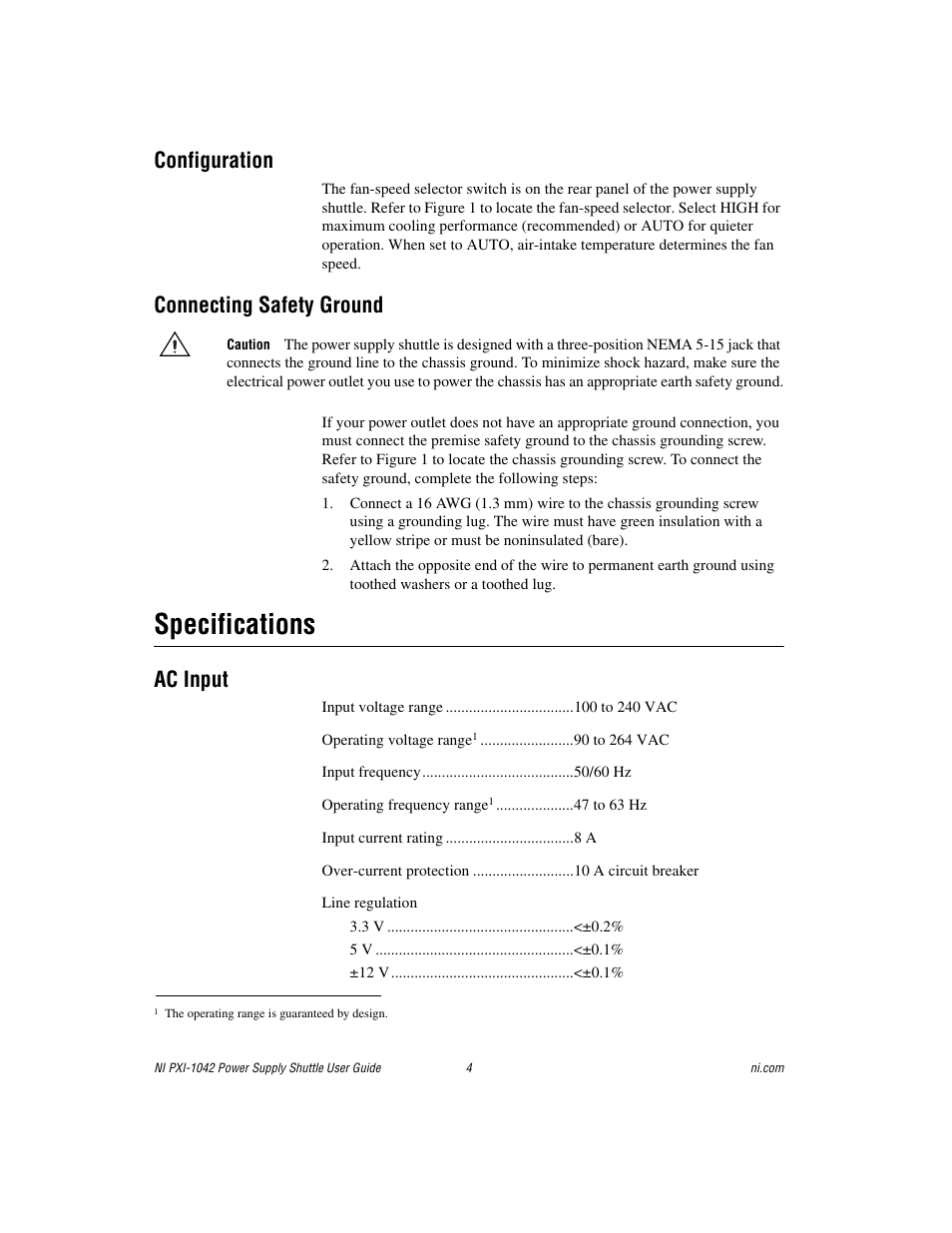 Configuration, Connecting safety ground, Specifications | Ac input | National Instruments NI PXI-1042 User Manual | Page 4 / 6