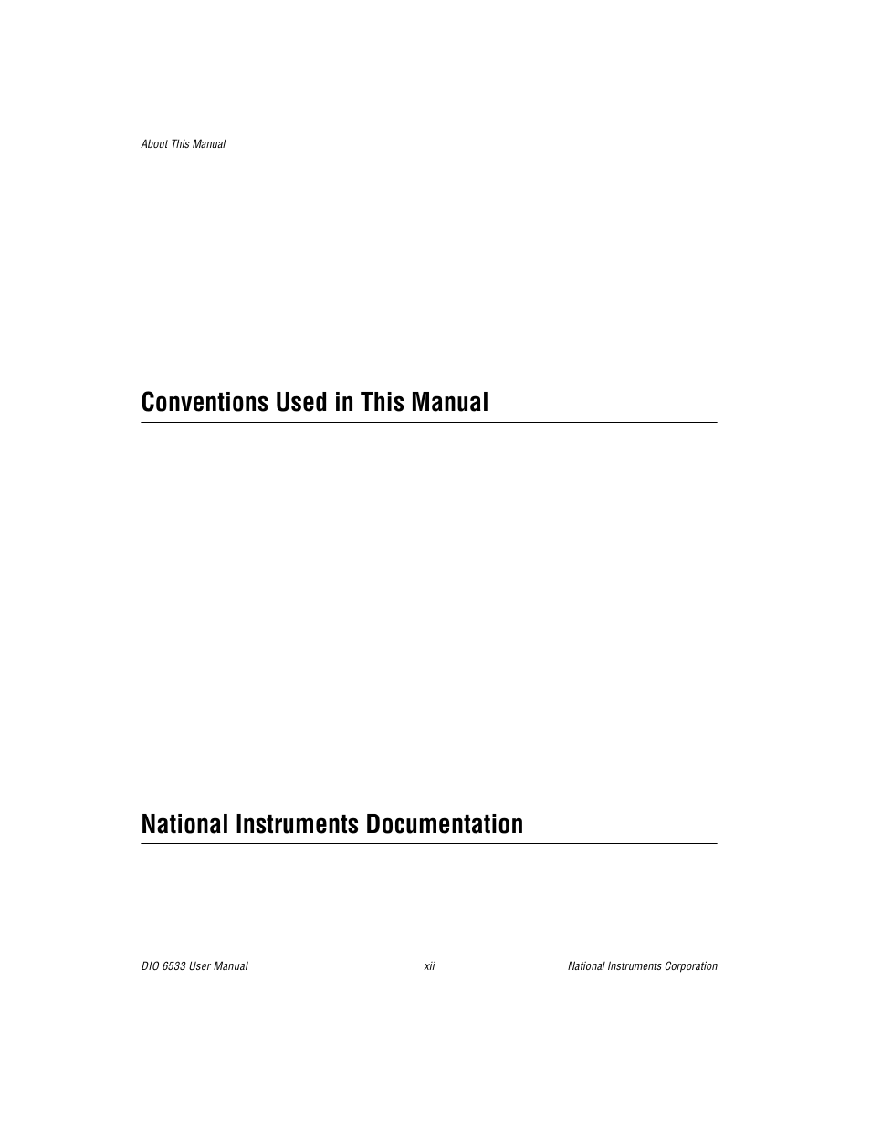 Conventions used in this manual, National instruments documentation | National Instruments DIO 6533 User Manual | Page 10 / 125