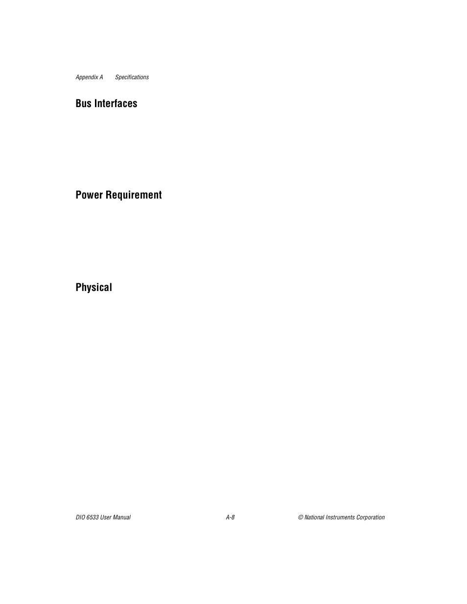 Bus interfaces, Power requirement, Physical | National Instruments DIO 6533 User Manual | Page 100 / 125