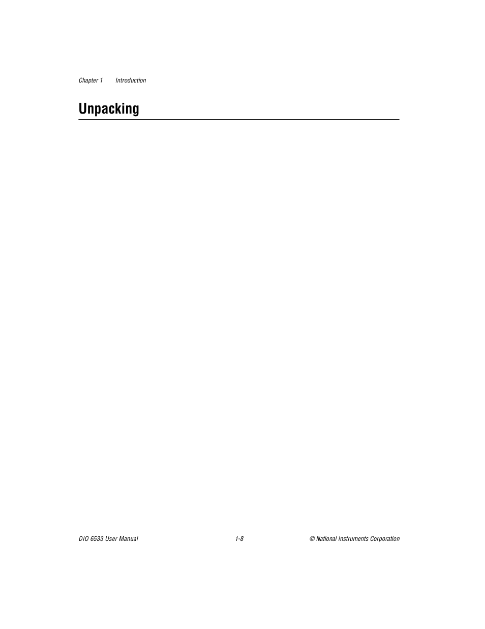 Unpacking, Unpacking -8 | National Instruments DIO 6533 User Manual | Page 20 / 125