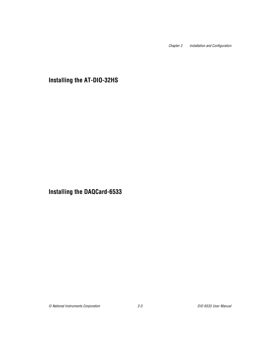 Installing the at-dio-32hs, Installing the daqcard-6533 | National Instruments DIO 6533 User Manual | Page 23 / 125