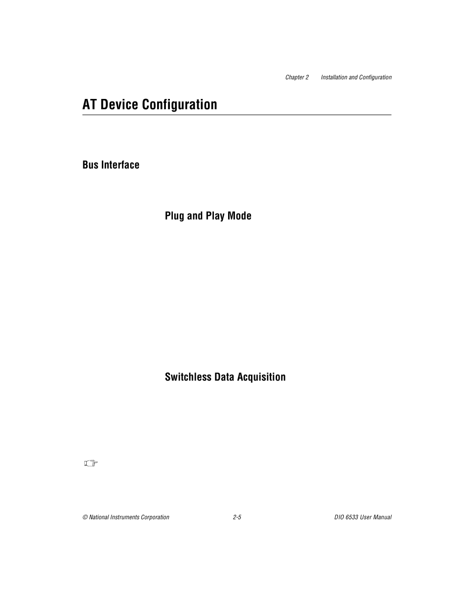 At device configuration, Bus interface, Plug and play mode | Switchless data acquisition, At device configuration -5, Bus interface -5 | National Instruments DIO 6533 User Manual | Page 25 / 125