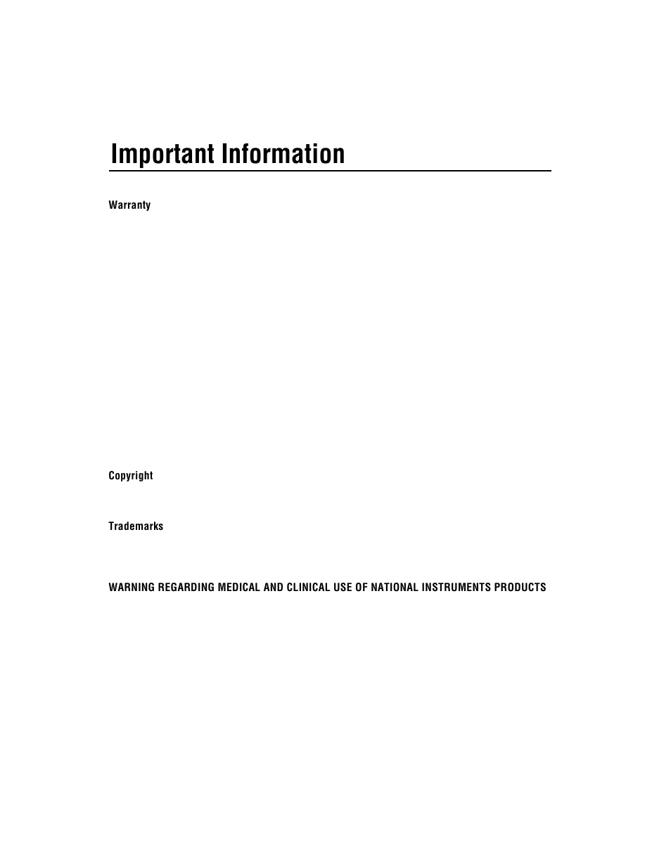 Warranty, Copyright, Trademarks | Medical warning, Important information | National Instruments DIO 6533 User Manual | Page 3 / 125