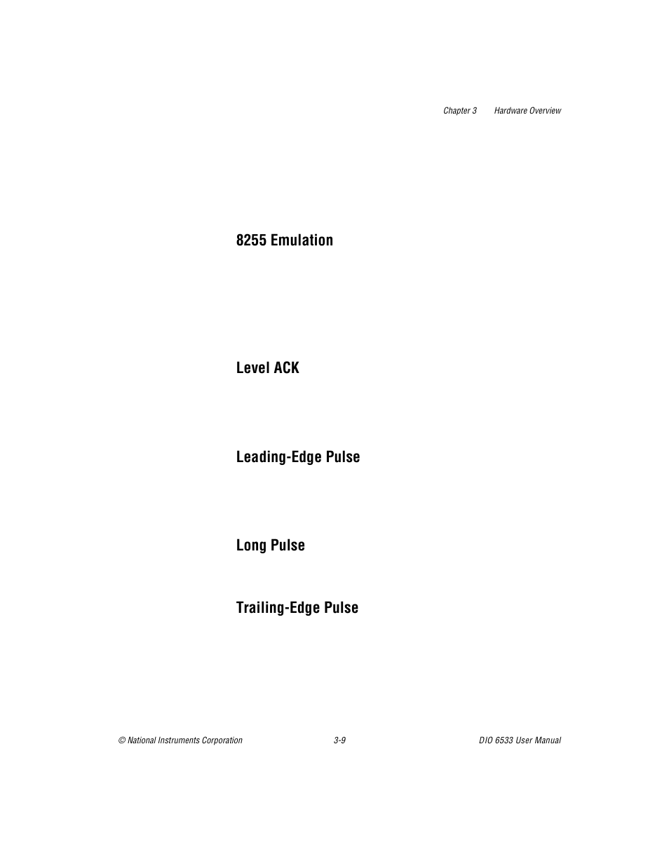 8255 emulation, Level ack, Leadingedge pulse | Long pulse, Trailingedge pulse, Leading-edge pulse, Trailing-edge pulse | National Instruments DIO 6533 User Manual | Page 38 / 125