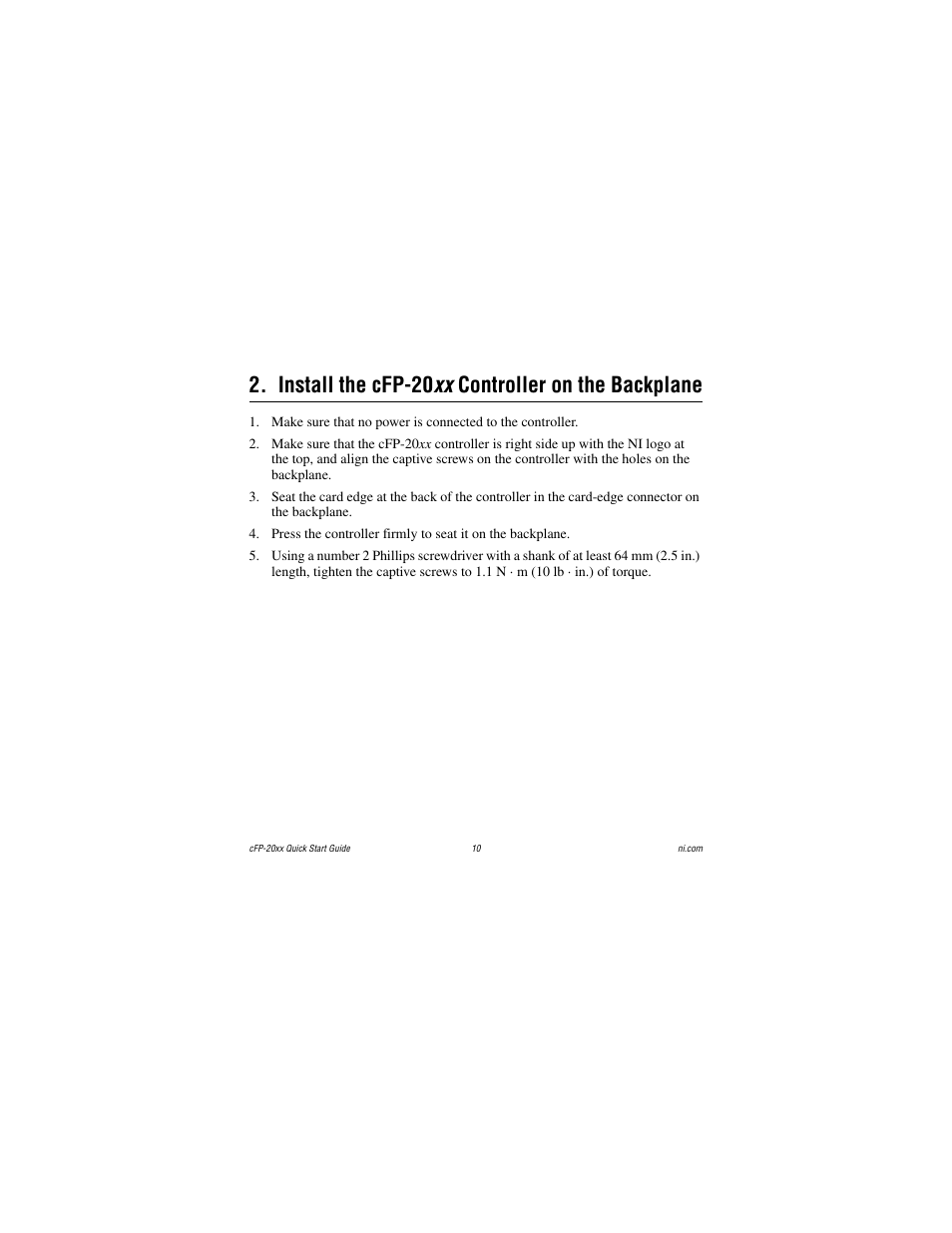 Install the cfp-20xx controller on the backplane, Install the cfp-20 xx controller on the backplane | National Instruments cFP-20xx User Manual | Page 10 / 24