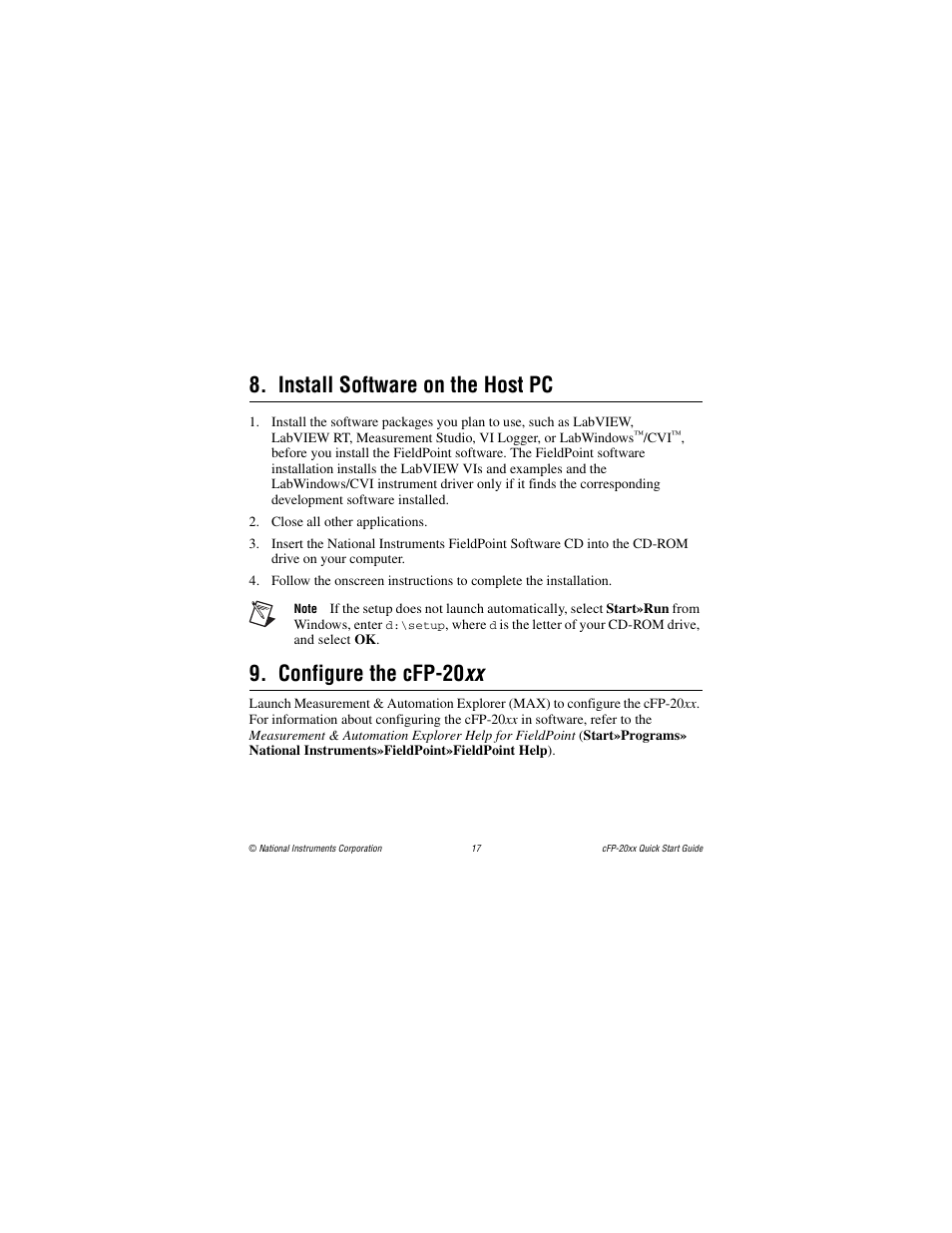 Install software on the host pc, Configure the cfp-20xx, Configure the cfp-20 xx | National Instruments cFP-20xx User Manual | Page 17 / 24