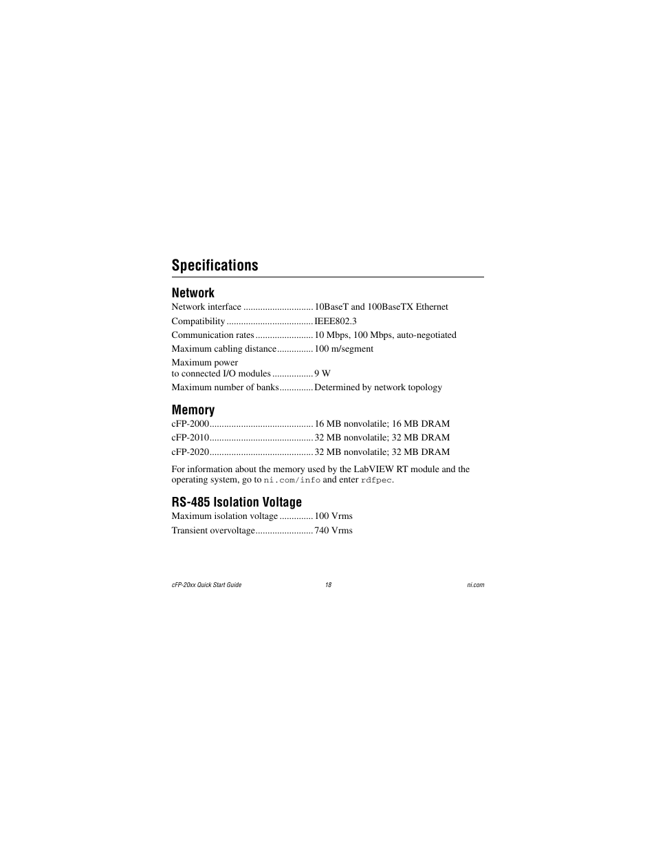 Specifications, Network, Memory | Rs-485 isolation voltage | National Instruments cFP-20xx User Manual | Page 18 / 24