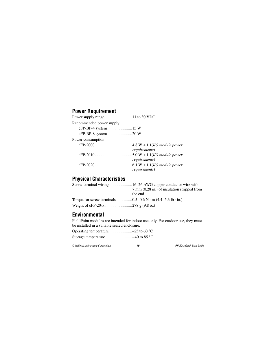 Power requirement, Physical characteristics, Environmental | National Instruments cFP-20xx User Manual | Page 19 / 24